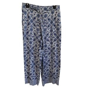 Joie Cropped Pants Blue White Floral Front‎ Tie Linen Blend Size 8 Pull On Boho